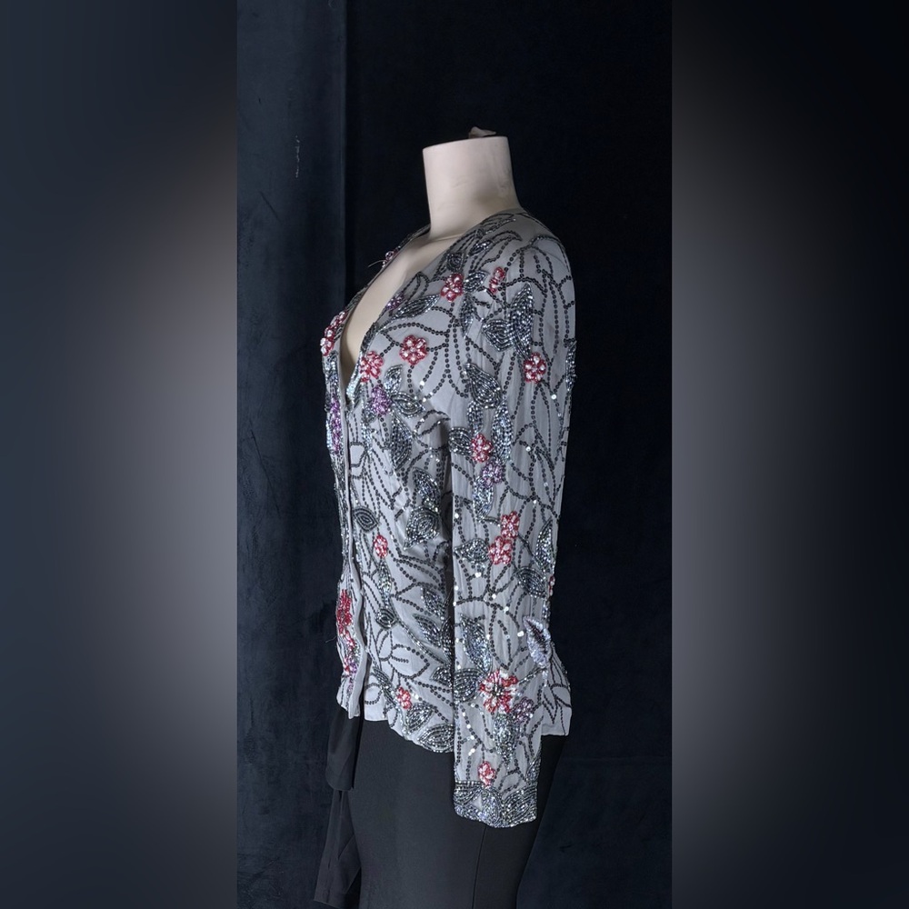 Embellished Floral V-Neck Jacket - Gray with Pink & Purple Accents - Picture 5 of 5